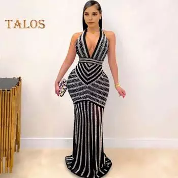 Женское вечернее платье с глубоким V-образным вырезом, бретелькой через шею, в полоску, с отделкой из мерцающих стразов, с открытой спиной, с открытыми плечами, длинное коктейльное платье для выпускного вечера S чёрный