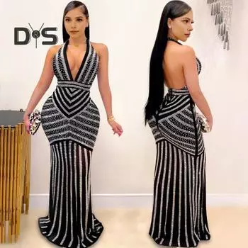 Женское вечернее платье с глубоким V-образным вырезом, бретелькой через шею, в полоску, с отделкой из мерцающих стразов, с открытой спиной, с открытыми плечами, длинное коктейльное платье для выпускного вечера S чёрный