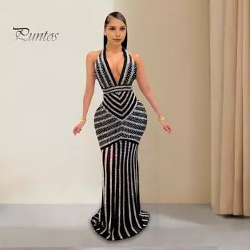 Женское вечернее платье с глубоким V-образным вырезом, бретелькой через шею, в полоску, с отделкой из мерцающих стразов, с открытой спиной, с открытыми плечами, длинное коктейльное платье для выпускного вечера S чёрный