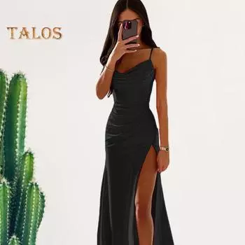 Женское вечернее платье с глубоким вырезом и V-образным вырезом без рукавов на тонких бретельках Атласная плиссе с высоким разрезом Сплошной цвет Узкая талия Slim Fit Полная длина Летняя вечеринка для выпускного вечера 2XL серый