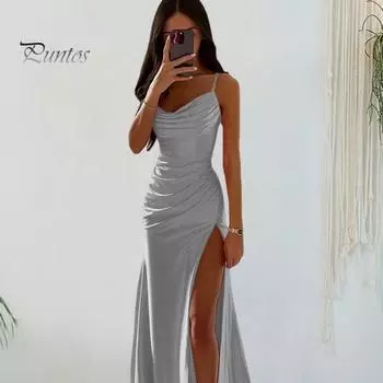 Женское вечернее платье с глубоким вырезом и V-образным вырезом без рукавов на тонких бретельках Атласная плиссе с высоким разрезом Сплошной цвет Узкая талия Slim Fit Полная длина Летняя вечеринка для выпускного вечера L розовый