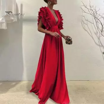 Женское вечернее платье с глубоким вырезом и V-образным вырезом с летающими рукавами Многослойное плиссированное платье с высокой талией и высокой талией Сплошной цвет Длина пола Пром Коктейльное платье макси M красный