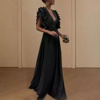 Женское вечернее платье с глубоким вырезом и V-образным вырезом, летящими рукавами, многослойное, с рюшами, плиссированное, с высокой талией, однотонное, длиной до пола, для выпускного вечера 3XL красный