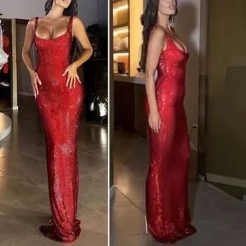 Женское вечернее платье с глубоким вырезом, без рукавов, с пайетками, длиной до пола, облегающее однотонное платье макси для выпускного вечера, банкета, свадьбы, платья-футляра S красный