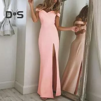 Женское вечернее платье с глубоким вырезом и открытыми плечами, без рукавов, с разрезом подол, Slim Fit, сплошной цвет, с высокой талией, полная длина, для выпускного вечера, макси-ресс L белый