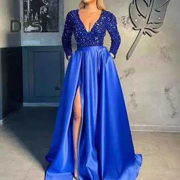 Женское вечернее платье с глубоким вырезом V-образным вырезом, блестящими пайетками, обтягивающее, с высокой талией, разрезом по низу, А-силуэт, большое качеля, длиной до пола, атласное, выпускное, свадебное, вечернее, женское платье макси L вино красного