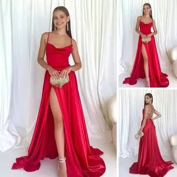 Женское вечернее платье с глубоким вырезом, без воротника, без спинки, без рукавов, на тонких бретельках, макси-платье S красный