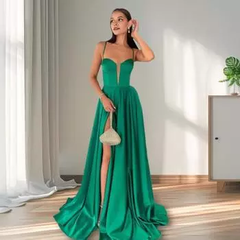 Женское вечернее платье с глубоким вырезом, без воротника, со шнуровкой, с открытой спиной, без рукавов, плиссированное, спагетти S зелёный