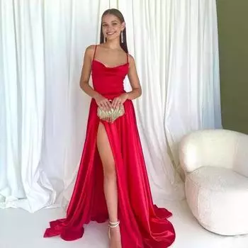 Женское вечернее платье с глубоким вырезом, без воротника, без спинки, без рукавов, платье макси на тонких бретельках, облегающее, с высоким разрезом, однотонное атласное банкетное бальное платье S красный