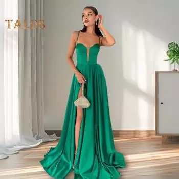 Женское вечернее платье с глубоким вырезом, без воротника, со шнуровкой, с открытой спиной, без рукавов, плиссированное, на тонких бретельках, длиной до пола, облегающее, с высоким разрезом, однотонное S зелёный