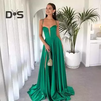 Женское вечернее платье с глубоким вырезом, без воротника, со шнуровкой, с открытой спиной, без рукавов, плиссированное, на тонких бретельках, длиной до пола, облегающее, с высоким разрезом, однотонное S зелёный