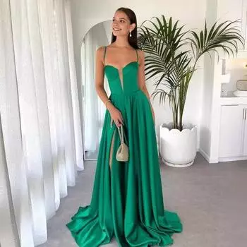 Женское вечернее платье с глубоким вырезом, без воротника, со шнуровкой, с открытой спиной, без рукавов, плиссированное, с тонкими бретельками, длиной до пола, макси-платье облегающего кроя, с высоким разрезом, однотонное S зелёный