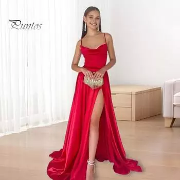 Женское вечернее платье с глубоким вырезом, без воротника, без спинки, без рукавов, платье макси на тонких бретельках, облегающее, с высоким разрезом, однотонное атласное банкетное бальное платье S красный