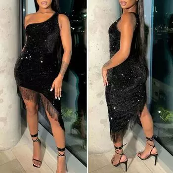 Женское вечернее платье с косым подолом и пайетками, одно скошенное плечо, без рукавов, облегающее, для вечеринки, свадьбы, коктейля, клуба, миди-платье S чёрный