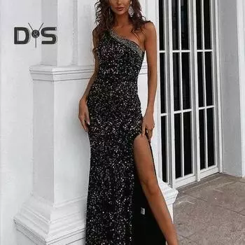 Женское вечернее платье с косым вырезом на одно плечо, без рукавов, с пайетками, с разрезом по низу, облегающее платье для выпускного вечера, летнее вечернее платье макси S чёрный