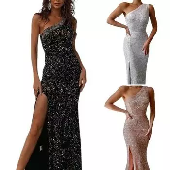 Женское вечернее платье с косым вырезом на одно плечо, без рукавов, с пайетками, с разрезом по низу, облегающее S чёрный