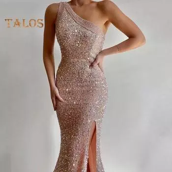 Женское вечернее платье с косым вырезом на одно плечо, без рукавов, с пайетками, с разрезом по низу, облегающее платье для выпускного вечера, летнее вечернее платье макси S хаки