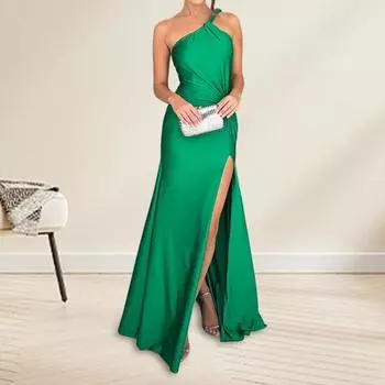 Женское вечернее платье с косым вырезом и открытыми плечами, с разрезом по низу, облегающее, без рукавов, без спинки S зелёный