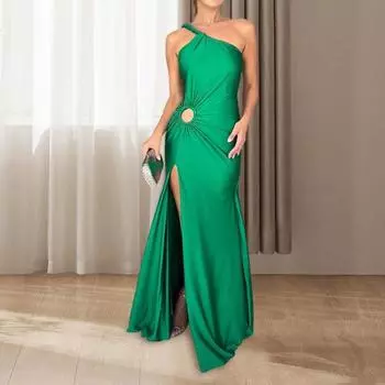Женское вечернее платье с косым вырезом и открытыми плечами, с разрезом по низу, облегающее платье без рукавов, с вырезом, макси-платье для выпускного вечера, пляжное платье для отпуска S зелёный
