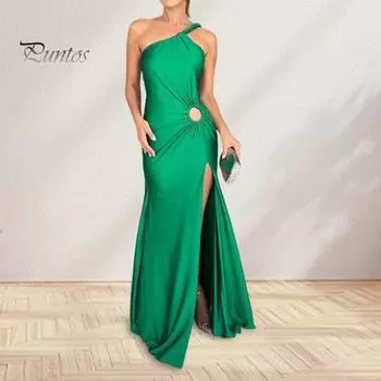 Женское вечернее платье с косым вырезом и открытыми плечами, с разрезом по низу, облегающее платье без рукавов, с вырезом, макси-платье для выпускного вечера, пляжное платье для отпуска S зелёный