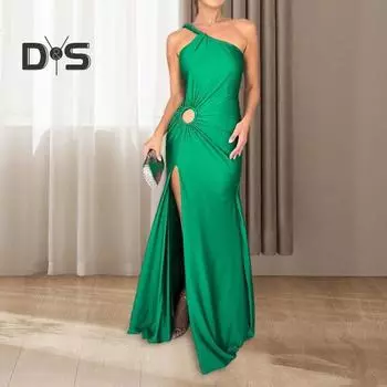 Женское вечернее платье с косым вырезом и открытыми плечами, с разрезом по низу, облегающее платье без рукавов, с вырезом, макси-платье для выпускного вечера, пляжное платье для отпуска S зелёный