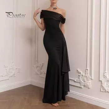 Женское вечернее платье с косым вырезом и открытыми плечами, без рукавов, плиссированное, со шнуровкой, декор в виде пояса, нестандартный дизайн, облегающее платье для выпускного вечера, летнее платье макси S чёрный