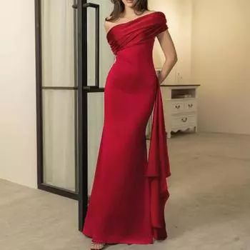 Женское вечернее платье с косым вырезом и открытыми плечами, без рукавов, плиссированное, со шнуровкой, декор в виде пояса, нестандартный дизайн, облегающее платье для выпускного вечера, летнее платье макси S чёрный