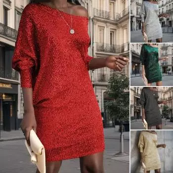 Женское вечернее платье с косым вырезом на одно плечо, длинными рукавами, пайетками, мини-платье, свободное однотонное выпускное платье S