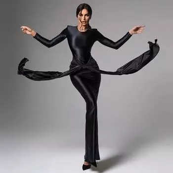 Женское вечернее платье с круглым вырезом и длинным рукавом, наплечная сумка на ремне, элегантное платье с рыбьим хвостом S чёрный