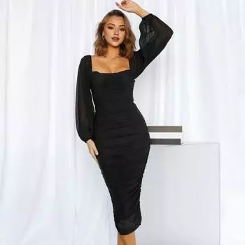 Женское вечернее платье с квадратным вырезом, сетчатым рукавом-фонариком, плиссированное облегающее, чистый цвет M абрикосовый