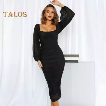 Женское вечернее платье с квадратным вырезом, сетчатым рукавом-фонариком, плиссированное облегающее платье чистого цвета, длиной до середины икры, миди-платье для выпускного вечера, официальной вечеринки M чёрный