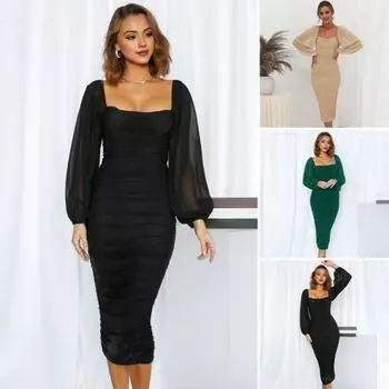 Женское вечернее платье с квадратным вырезом, сетчатым рукавом-фонариком, плиссированное облегающее платье чистого цвета, длиной до середины икры, миди-платье для выпускного вечера, официальной вечеринки M абрикосовый