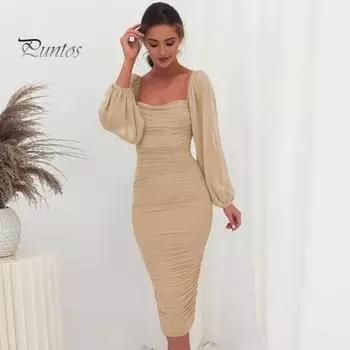 Женское вечернее платье с квадратным вырезом, сетчатым рукавом-фонариком, плиссированное облегающее платье чистого цвета, длиной до середины икры, миди-платье для выпускного вечера, официальной вечеринки S чёрный