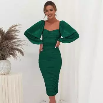 Женское вечернее платье с квадратным вырезом, сетчатым рукавом-фонариком, плиссированное облегающее платье чистого цвета, длиной до середины икры, миди-платье для выпускного вечера, официальной вечеринки S зелёный