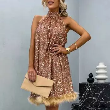 Женское вечернее платье с лямкой на шее и открытыми плечами, без рукавов, с блестками, трапециевидной формы, на шнуровке, с узкой талией, с пушистым краем, женское летнее мини-платье для выпускного вечера S сахар коричневый