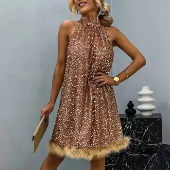 Женское вечернее платье с лямкой на шее и открытыми плечами, без рукавов, с блестками, трапециевидной формы, на шнуровке, с узкой талией, с пушистым краем, женское летнее мини-платье для выпускного вечера S