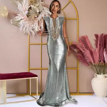 Женское вечернее платье с макси-сеткой и пайетками, без рукавов, с принтом «рыбий хвост» S чёрный