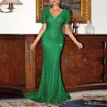 Женское вечернее платье с мерцающими пайетками, короткими рукавами-фонариками, V-образным вырезом, облегающим кроем S серебряный