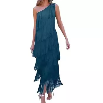 Женское вечернее платье с многослойным бахромой и кисточками на одно плечо, без рукавов, сплошной цвет, асимметричное платье длиной до щиколотки, коктейльное платье для выпускного вечера, танцевальное платье макси M озеро синий