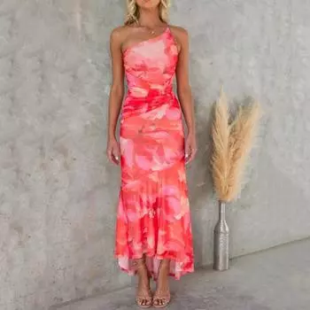 Женское вечернее платье с наклонным вырезом на одно плечо, обтягивающее плиссированное лоскутное платье без рукавов с цветочным принтом и рюшами на подол, пляжное платье макси для выпускного вечера L красный