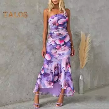 Женское вечернее платье с наклонным вырезом на одно плечо, обтягивающее плиссированное лоскутное платье без рукавов с цветочным принтом и рюшами на подол, пляжное платье макси для выпускного вечера L красный