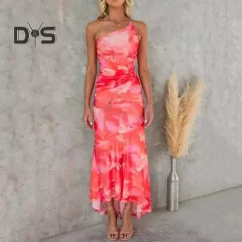 Женское вечернее платье с наклонным вырезом на одно плечо, обтягивающее плиссированное лоскутное платье без рукавов с цветочным принтом и рюшами на подол, пляжное платье макси для выпускного вечера L красный