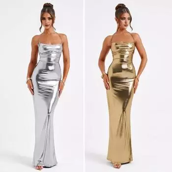 Женское вечернее платье с открытой спиной, шнуровкой, бретелькой через шею, открытыми плечами, без рукавов, приталенное, глянцевое S золотистый