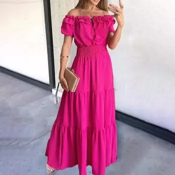 Женское вечернее платье с открытыми плечами и гофрировкой на шнуровке с эластичной резинкой на талии с короткими рукавами-пузырьками в стиле пэчворк подол, сплошной цвет с рюшами, полная длина, бальное платье для выпускного вечера, макси-платье M зелёный