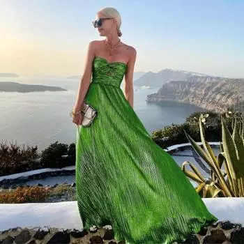 Женское вечернее платье с открытыми плечами и открытой спиной без рукавов Бронзовое бандо с открытой талией и высокой талией Плиссированное платье для выпускного вечера Банкетное платье макси Бальное платье M золотистый