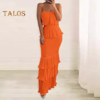 Женское вечернее платье с открытыми плечами, бандо без рукавов, с открытой спиной, плиссированные, с рюшами, эластичное, облегающее, сплошное, для коктейля, банкета, выпускного вечера, макси-платье S чёрный