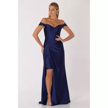 Женское вечернее платье с открытыми плечами и длинным разрезом темно-синее URKA