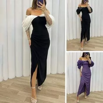 Женское вечернее платье с открытыми плечами и глубоким вырезом с узкой талией и разрезом на подоле, сетчатые рукава, подходящие по цвету до щиколотки, платье для выпускного вечера, коктейльная вечеринка, свадебное платье макси L фиолетовый