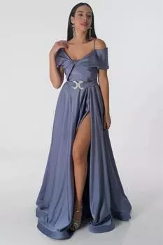Женское вечернее платье с открытыми плечами и разрезом, цвет индиго