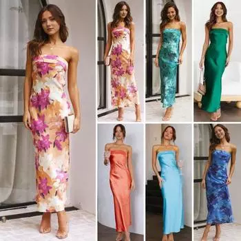 Женское вечернее платье с открытыми плечами и открытой спиной-бандо без рукавов с цветочным принтом, облегающее платье для выпускного вечера, коктейльное платье макси M